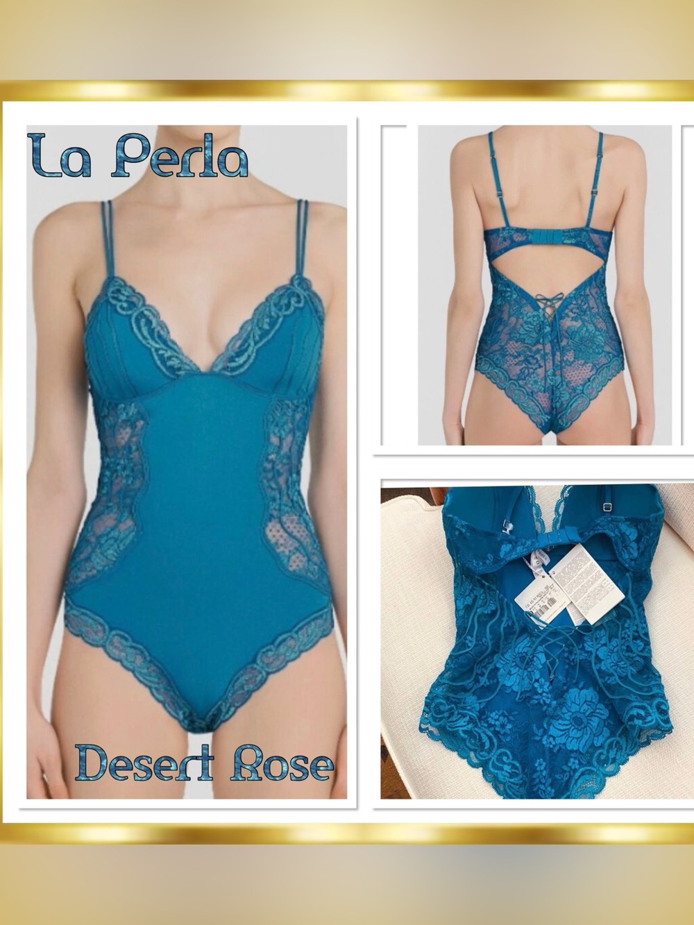 La Perla Desert Rose Silk-Satan Soutache Teal-Blue Lace Chemise Bodysuit